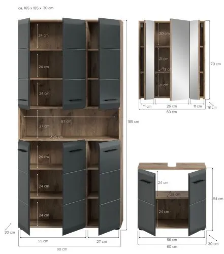 Bad Set Ice 10 | 3-teilig | Nox Oak / schwarz matt mit Badaufsatzleuchte