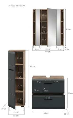 Bad Set Ice 3 | 3-teilig | Nox Oak / schwarz matt ohne