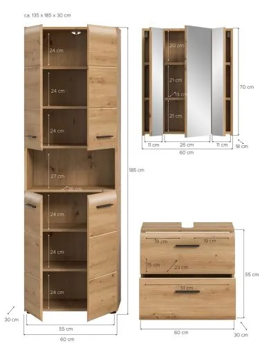 Bad Set Ice | 3-teilig | Artisan Oak mit Badaufsatzleuchte