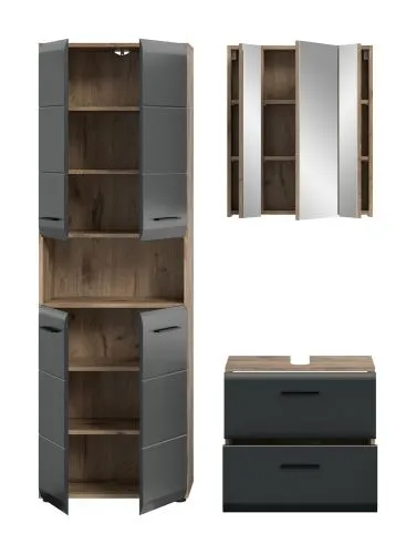 Bad Set Ice | 3-teilig | Nox Oak / schwarz matt mit Badaufsatzleuchte