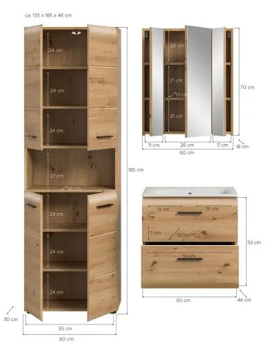 Bad Set Ice 7 | 3-teilig | Artisan Oak mit Badaufsatzleuchte