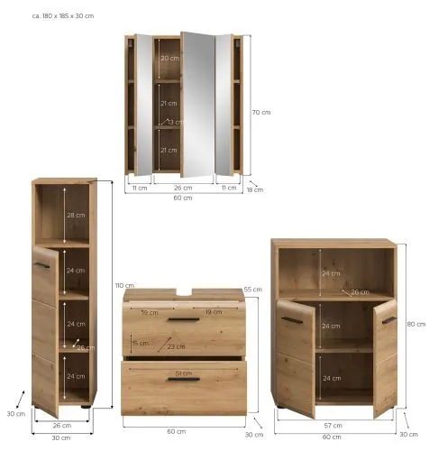 Bad Set Ice 8 | 4-teilig | Artisan Oak ohne Aufsatzleuchte