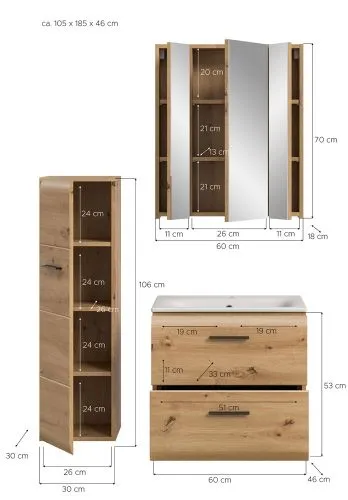 Bad Set Ice 9 | 3-teilig | Artisan Oak mit Badaufsatzleuchte