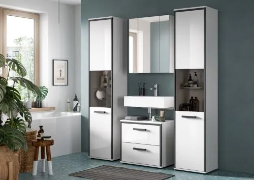 Bad Set Kojak 5 | 4-teilig | weiß / weiß Hochglanz | Spiegelschrank mit Beleuchtung