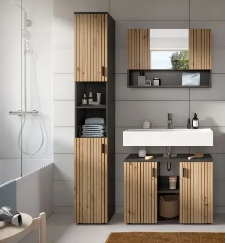Bad Set Mone | 3-teilig | Basalt grau / Artisan Oak mit Aufsatzleuchte