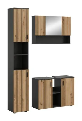 Bad Set Mone | 3-teilig | Basalt grau / Artisan Oak mit Aufsatzleuchte