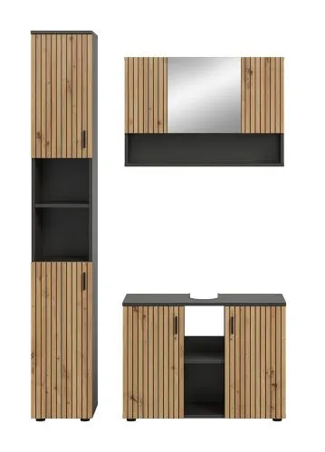 Bad Set Mone | 3-teilig | Basalt grau / Artisan Oak mit Aufsatzleuchte