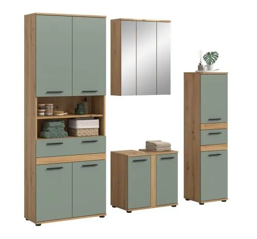Badezimmer-Set Blake 1 | Salbei / Artisan Eiche | 4-teilig mit Aufsatzleuchte