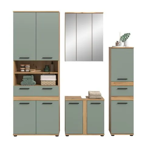 Badezimmer-Set Blake 1 | Salbei / Artisan Eiche | 4-teilig mit Aufsatzleuchte