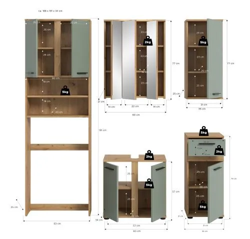 Badezimmer-Set Blake 1 | Salbei / Artisan Eiche | 5-teilig