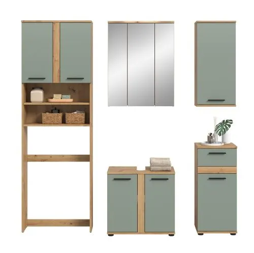 Badezimmer-Set Blake 1 | Salbei / Artisan Eiche | 5-teilig mit LED