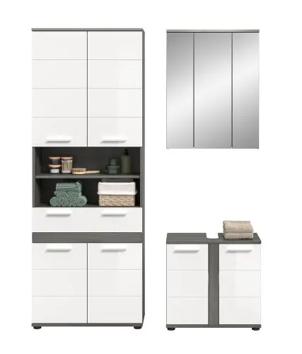 Badezimmer-Set Blake 1 | weiß Hochglanz / rauchsilber | 3-teilig mit Aufsatzbeleuchtung