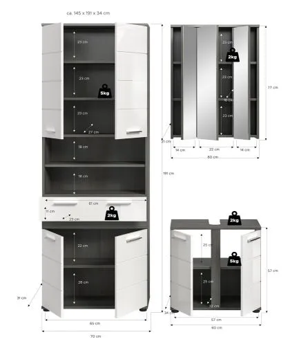 Badezimmer-Set Blake 1 | weiß Hochglanz / rauchsilber | 3-teilig ohne Beleuchtung