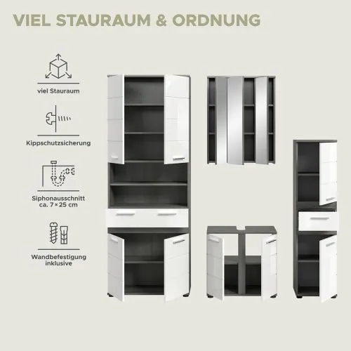 Badezimmer-Set Blake 1 | weiß Hochglanz / rauchsilber | 4-teilig mit LED