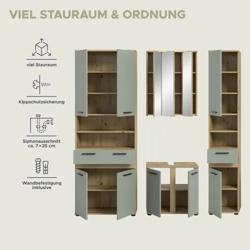 Badezimmer-Set Blake 2 | Salbei / Artisan Eiche | 4-teilig mit Aufsatzleuchte