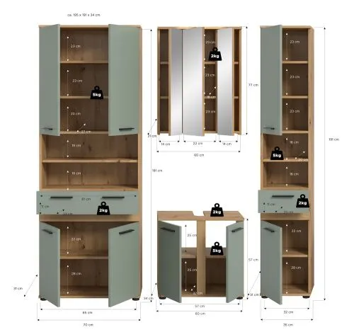 Badezimmer-Set Blake 2 | Salbei / Artisan Eiche | 4-teilig ohne Aufsatzleuchte