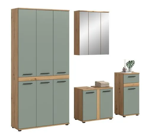 Badezimmer-Set Blake 3 | Salbei / Artisan Eiche | 4-teilig mit Aufsatzleuchte
