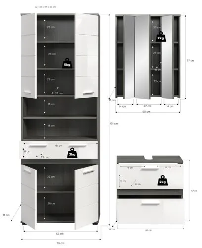 Badezimmer-Set Blake 3 | weiß Hochglanz / rauchsilber | 3-teilig ohne Beleuchtung
