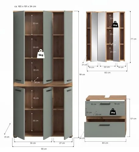 Badezimmer-Set Blake 4 | Salbei / Artisan Eiche | 3-teilig mit LED 2