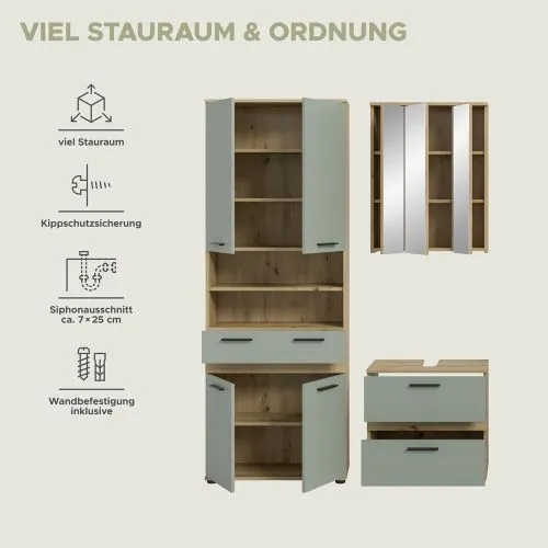 Badezimmer-Set Blake 4 | Salbei / Artisan Eiche | 3-teilig ohne Beleuchtung