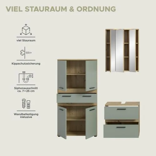 Badezimmer-Set Blake 4 | Salbei / Artisan Eiche | 3-teilig ohne Beleuchtung ohne