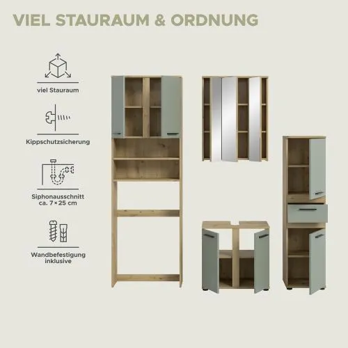 Badezimmer-Set Blake 4 | Salbei / Artisan Eiche | 4-teilig mit Aufsatzleuchte