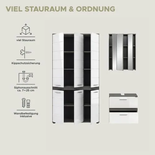 Badezimmer-Set Blake 4a | weiß Hochglanz / rauchsilber | 3-teilig