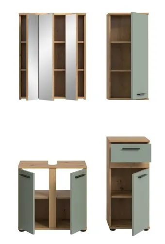 Badezimmer-Set Blake | Salbei / Artisan Eiche | 4-teilig mit Aufsatzleuchte