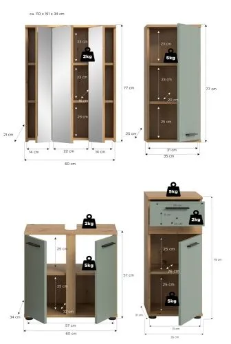 Badezimmer-Set Blake | Salbei / Artisan Eiche | 4-teilig mit Aufsatzleuchte