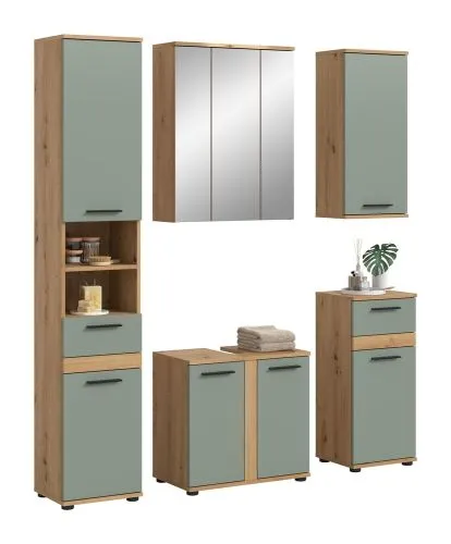 Badezimmer-Set Blake | Salbei / Artisan Eiche | 5-teilig mit LED
