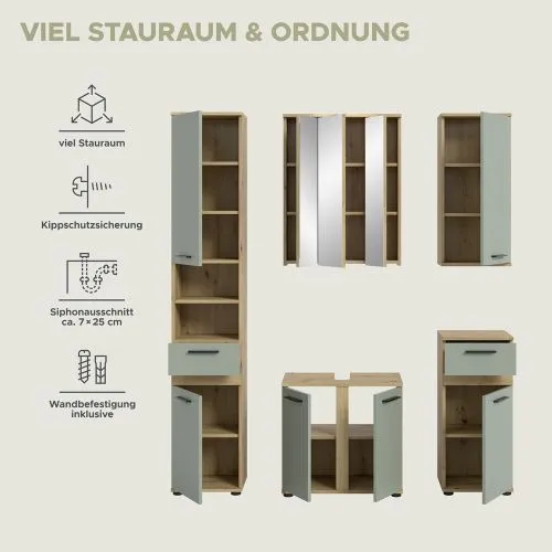 Badezimmer-Set Blake | Salbei / Artisan Eiche | 5-teilig mit LED
