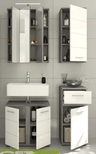 Badezimmer-Set Blake | weiß Hochglanz / rauchsilber | 4-teilig