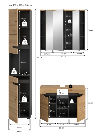 Badezimmer Set Canu 2 | 3-teilig | Artisan Eiche / Basalt grau
