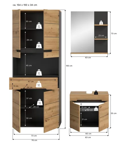 Badezimmer Set Canu 3 | 3-teilig | Artisan Eiche / Basalt grau