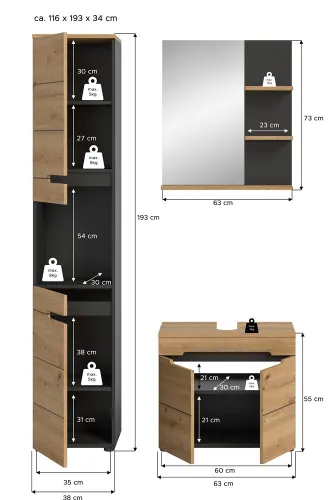 Badezimmer Set Canu | 3-teilig | Artisan Eiche / Basalt grau