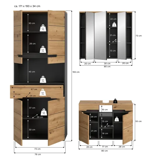 Badezimmer Set Canu 4 | 3-teilig | Artisan Eiche / Basalt grau