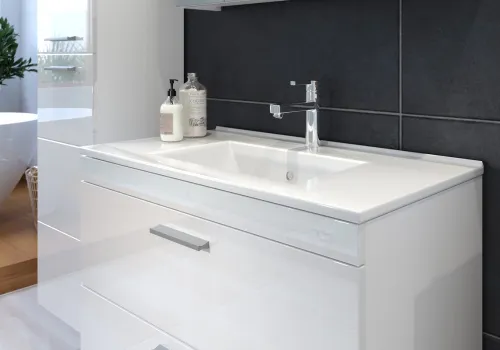 Badezimmer-Set Devon | inkl. Waschbecken | weiß Hochglanz | 2-teilig mit Aufsatzleuchte