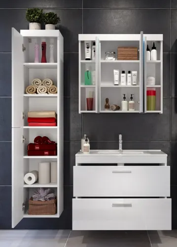 Badezimmer Set Devon | inkl. Waschbecken | weiß Hochglanz | 3-teilig mit Aufsatzleuchte