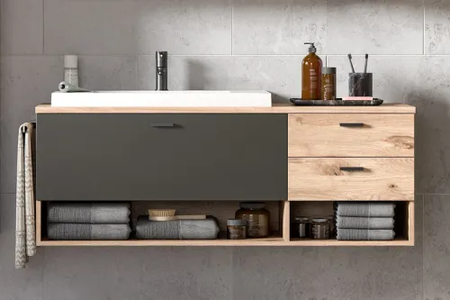 Badezimmer-Set Grado | Nox Oak / grau | 4-teilig mit Aufsatzleuchte