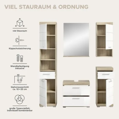 Badezimmer-Set Lambada 2a | weiß Hochglanz / Sonoma Eiche hell | 5-teilig | optional Beleuchtung mit Aufsatzleuchte