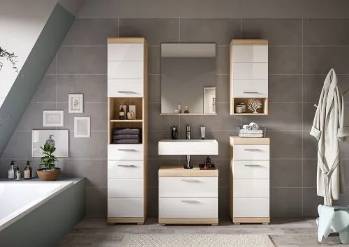 Badezimmer-Set Lambada 2a weiß Hochglanz / Sonoma Eiche hell 5-teilig