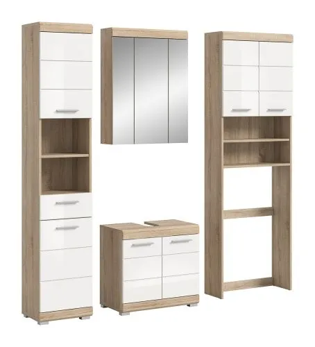 Badezimmer-Set Lambada 3 weiß Hochglanz / Sonoma Eiche hell 4-teilig