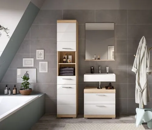 Badezimmer-Set Lambada 4 weiß Hochglanz / Sonoma Eiche hell 3-teilig 2a