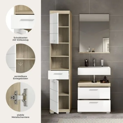 Badezimmer-Set Lambada 4 weiß Hochglanz / Sonoma Eiche hell 3-teilig 2a