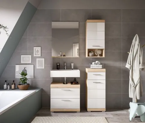 Badezimmer-Set Lambada 4 weiß Hochglanz / Sonoma Eiche hell 4-teilig