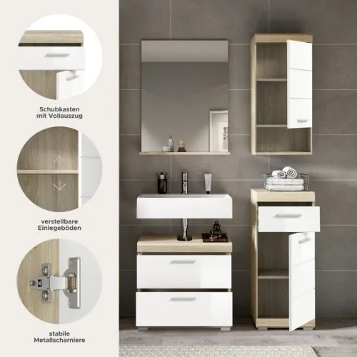 Badezimmer-Set Lambada 4 weiß Hochglanz / Sonoma Eiche hell 4-teilig