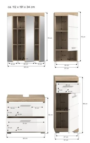 Badezimmer-Set Lambada 7 | weiß Hochglanz / Sonoma Eiche hell | 4-teilig | mit Aufsatzleuchte