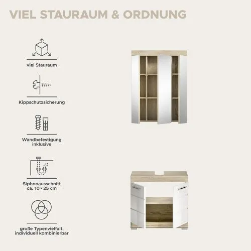 Badezimmer-Set Lambada | weiß Hochglanz / Sonoma Eiche hell | 2-teilig mit Aufsatzleuchte