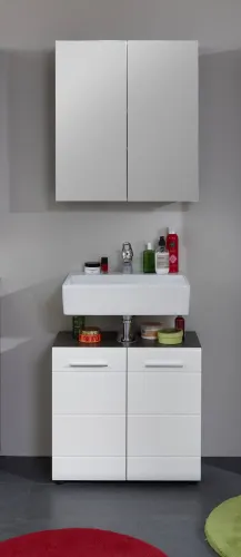 Badezimmer-Set Line | weiß Hochglanz / Sardegna Rauchsilber | 2-teilig mit Aufsatzleuchte