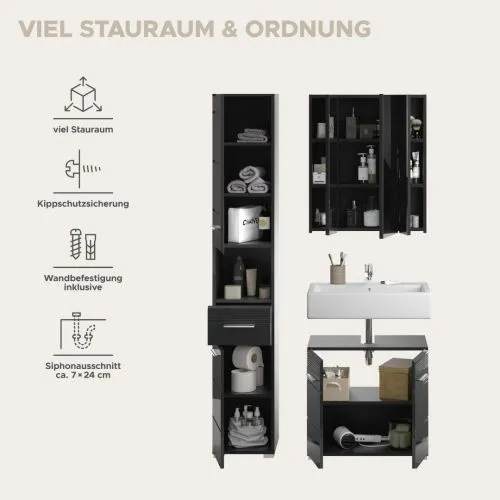 Badezimmer Set Linus | schwarz Hochglanz | 3-teilig